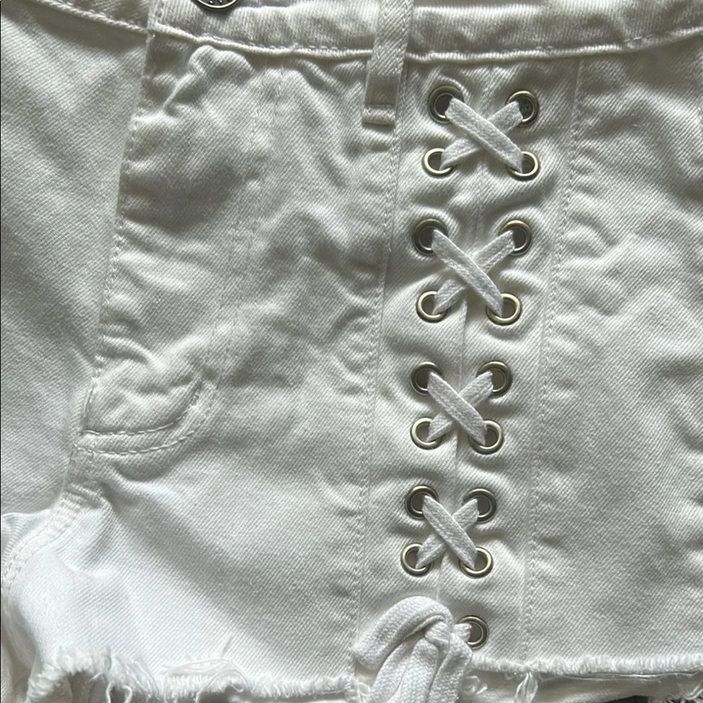 Garage White Lace-Up Side Distressed Denim Shorts - Picture 3 of 5